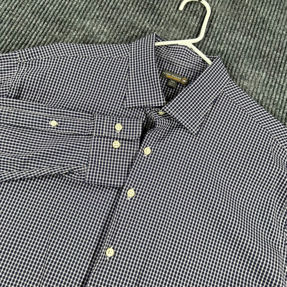 Peter Millar Summer Comfort Shirt Mens 2XL XXL Blue Check Long Sleeve Button Up